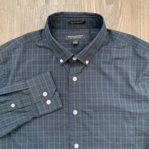 Banana Republic Shirt M Blue Green Plaid‎ Black Watch Slim Flex StretcH Cotton